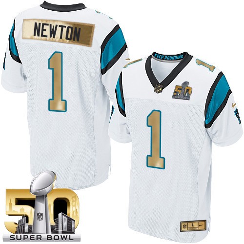 Men's Elite Cam Newton Super Bowl 50 Nike Jersey White - #1 Collection NFL Carolina Panthers